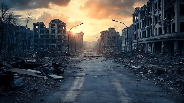 The aftermath of conflict: A destroyed urban landscape.