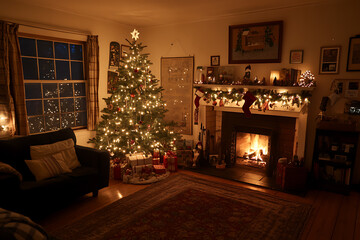 A cozy Christmas living room with a decorated tree, twinkling lights, and a glowing fireplace, creating a warm holiday atmosphere