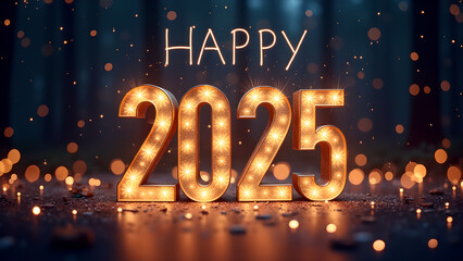Happy New Year 2025 with glowing lights in a forest. Concept of celebration, hope, and new beginnings.