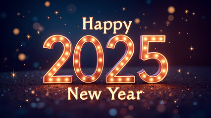 Happy New Year 2025 with glowing lights. Festive celebration concept.