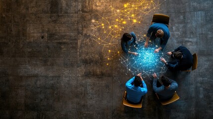 Group of diverse business professionals collaboratively analyzing data and information with digital connections forming a vibrant network on a textured floor background