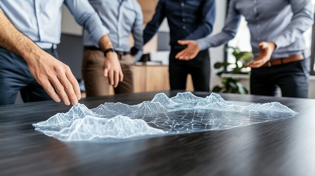 Hands of Business Professionals Interacting with 3D Holographic Terrain Model in Modern Office Environment, Highlighting Technology and Collaboration in Strategic Planning