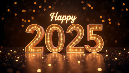 Happy New Year 2025 with golden lights. Concept of celebration, party, and holiday.