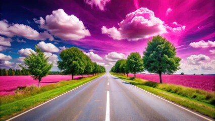 Fototapeta premium Y2K Pink Road, Blue Sky, Clouds, Grass, Trees - Aesthetic Product Photography Background