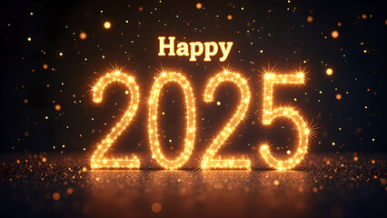 Obraz premium Happy New Year 2025 with golden lights. Concept of celebration, party, and holiday.