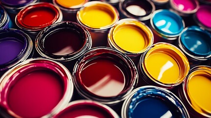 Fototapeta premium An enticing background filled with diverse hues of paint cans.