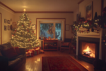 A cozy Christmas living room with a decorated tree, twinkling lights, and a glowing fireplace, creating a warm holiday atmosphere