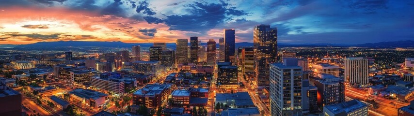 Vibrant Cityscape at Night, aerial perspective revealing illuminated skyscrapers and bustling streets, capturing the dynamic energy and excitement of urban life.