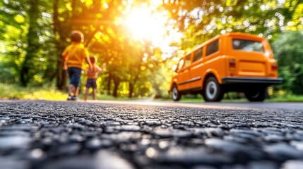 Children Walking Along a Tree-Lined Road with an Orange Van, Capturing a Joyful Moment in Nature During a Bright Sunset in a Tranquil Setting