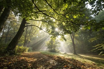 Obraz premium Sunlight streams through the forest's leafy canopy, forest canopy, greenery