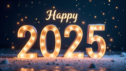 Happy New Year 2025 with lights. Festive winter holiday celebration concept.