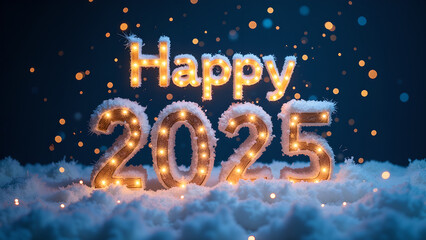 Happy New Year 2025 with snow and lights. Concept of celebration, winter, and holidays.