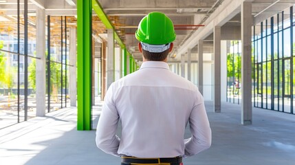 Construction Worker in Safety Helmet Observing Empty Commercial Space with Green Support Columns and Large Windows on a Sunny Day