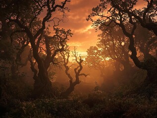 Mysterious forest at dusk with twisted tree branches, shadows, gloomy