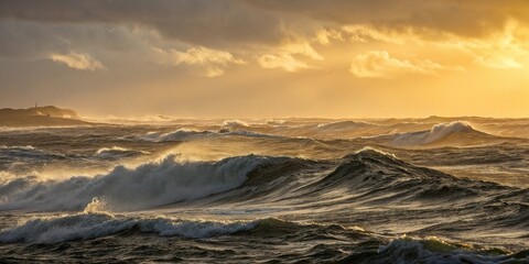 Fototapeta premium The ocean is tossed by massive waves as a storm rages across the horizon casting a golden glow over the choppy waters, golden light, weather conditions, stormy sea, marine life, turbulent water