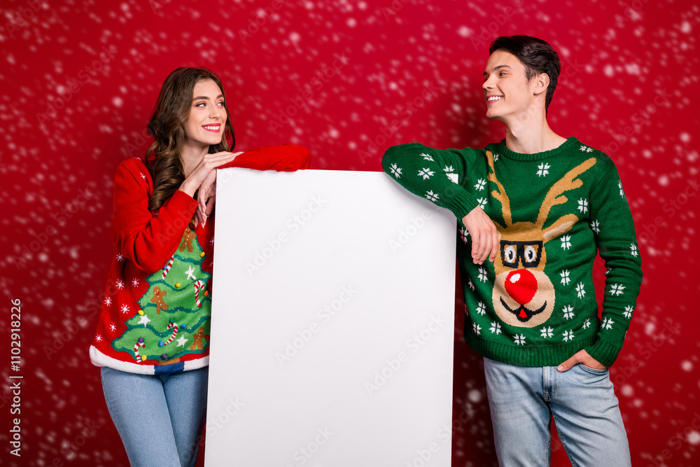 Poster photo of two nice funny partners look each other empty showing empty space proposition banner isolat
