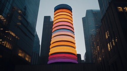 Obraz premium Colorful and Vibrant Urban Sculpture in a Modern Cityscape Surrounded by Skyscrapers at Dusk, Showcasing Contemporary Art and Architecture