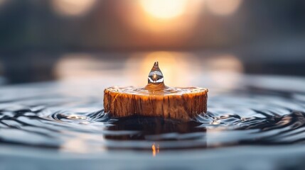 Water Drop Impact on Wood  Sunset Reflection  Still Water  Nature Photography