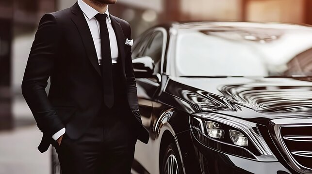 Close-up of a professional driver with a luxury car.