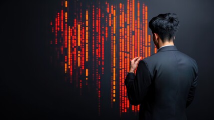 Businessman Analyzing Digital Heartbeat Visualization in Dark Environment with Colorful Binary Code and Modern Data Insights for Technology and Health Themes