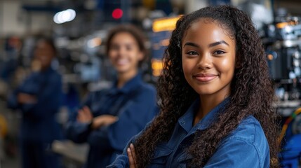 Obraz premium Confident Young Black Female Engineer in Factory Setting