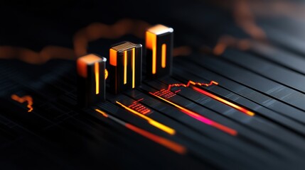 Abstract representation of financial growth with sleek black background, glowing orange bars, and dynamic lines showcasing data trends and analytics in a modern design