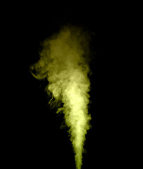 Transparent golden smoke effect swirling and floating on black background. Bright and intense abstract background. Fog or smoke.