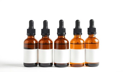 Amber Glass Bottles with Dropper Tops on a White Background. AI Generated