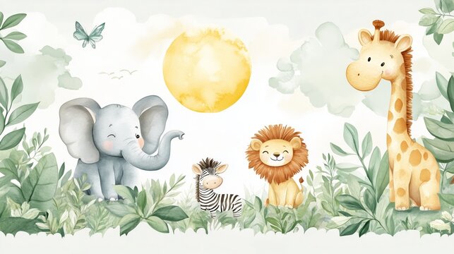 Whimsical watercolor of gentle animals in lush greenery, perfect for a cheerful nursery decor.