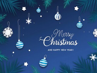 Fototapeta premium Blue Christmas Ornament And Palm Leaf Festive Design