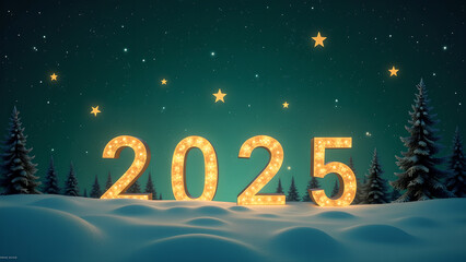 2025 New Year's Eve Winter Landscape. Concept of celebration, hope, and new beginnings.