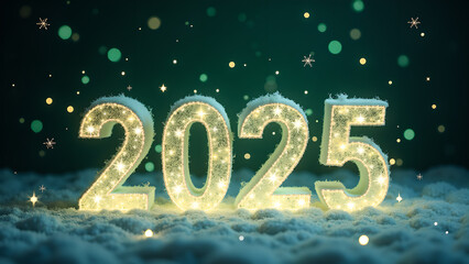 2025 New Year's Eve celebration with snow and lights. Concept of winter holidays, celebration, and new beginnings.