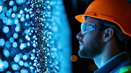 Engineer in safety gear analyzing digital data wall with advanced technology