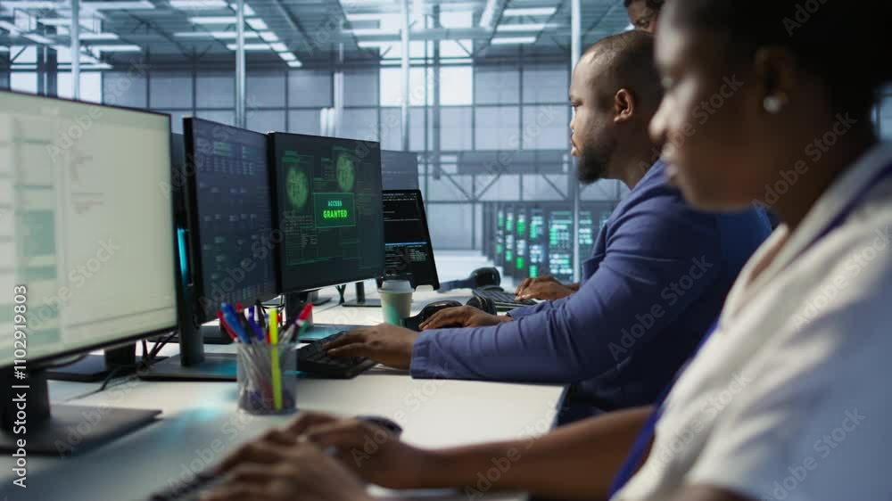 Poster satisfied server hub programmer pleased after installing cybersecurity framework, seeing access gran