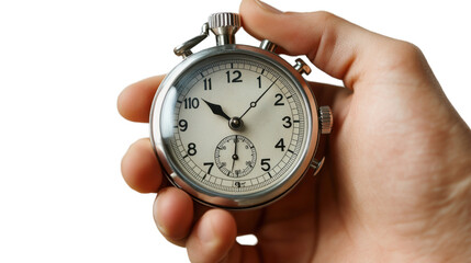 hand holding a stopwatch isolated on white background