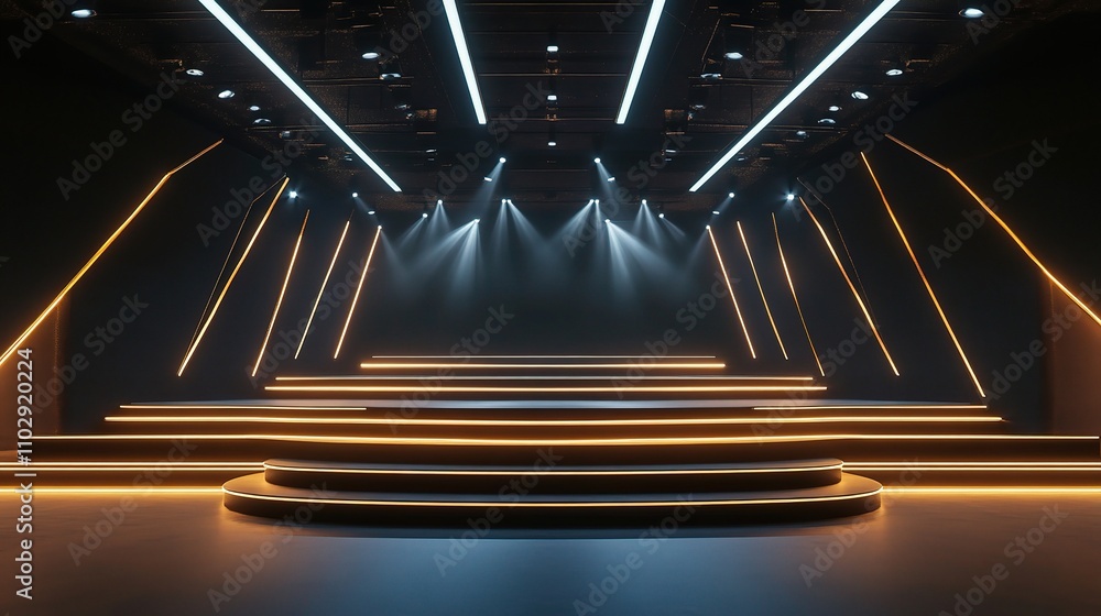 Poster modern stage with dynamic lighting in a dark environment