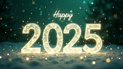 Happy New Year 2025 with sparkling lights in winter snow. Concept of celebration, holiday, and new beginnings.