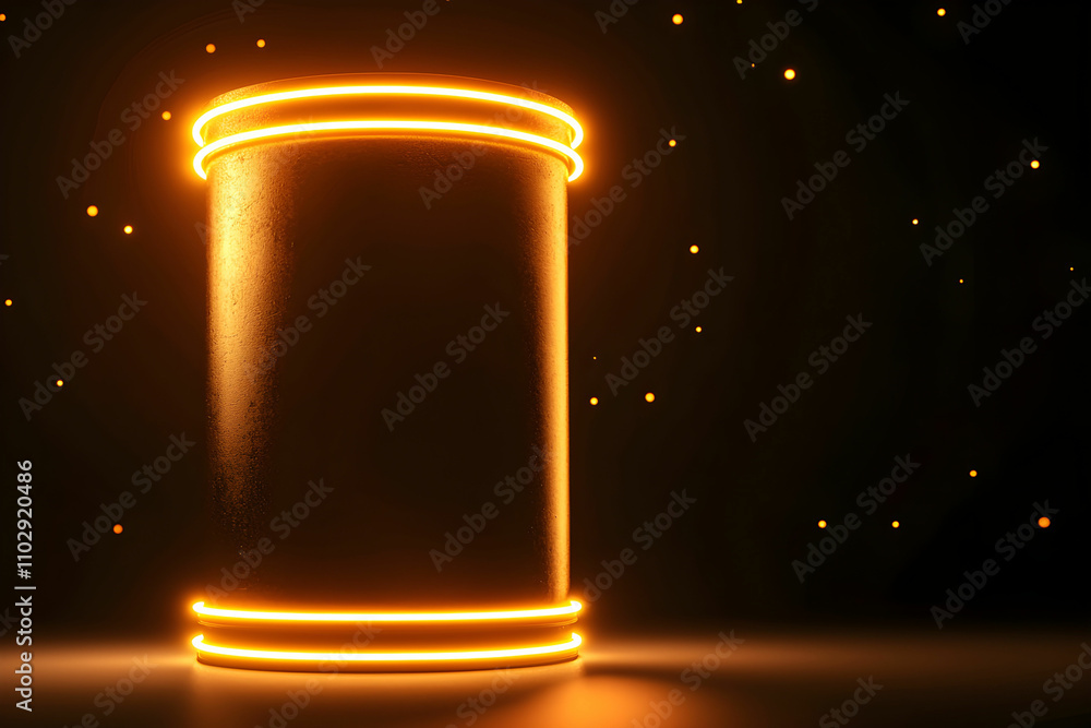 Poster illuminated cylindrical object with glowing neon outline against a dark background, featuring a myst