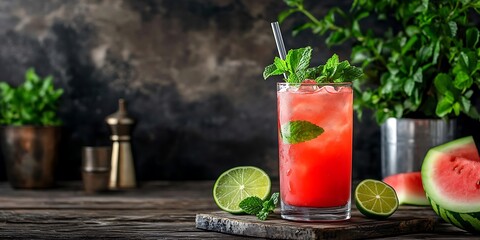 A vibrant drink of watermelon lemonade, highlighting the zesty lime and fragrant mint.