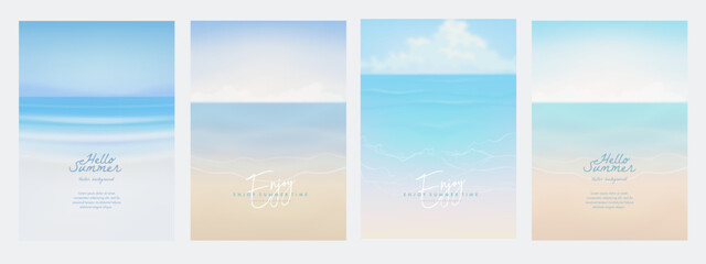 Summer beach realistic landscape for poster, web banner, cover, booklet or greeting card. Seascape 3d background. Sea or ocean hand drawn travel backdrop. Vector illustration
