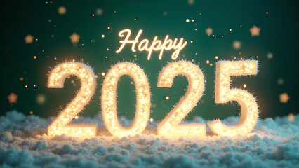 Happy New Year 2025 with sparkling lights and snow. Concept of celebration, holiday, and winter.