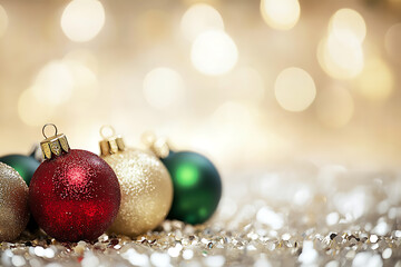  Shiny Christmas ornaments in gold, red, and green with delicate patterns, set against glowing holiday lights in a festive, elegant style