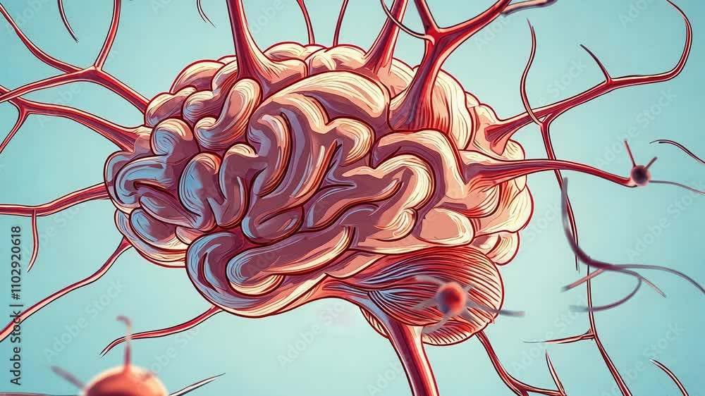 Poster a illustration of a brain surrounded by neural connections, the complexity of the nervous system