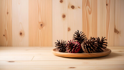 Spruce and pine cones on a withered wooden surface as a background, everything is naturally cozy.