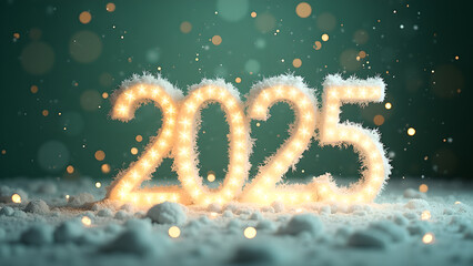 2025 New Year's Eve with snow and lights. Concept of celebration, hope, and new beginnings.