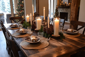 A rustic Christmas table with pinecones, candles, and natural decorations, creating a warm, inviting holiday setting for family gatherings