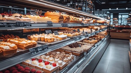 Fototapeta premium The vibrant confectionery section in a supermarket showcases an array of baked goods.