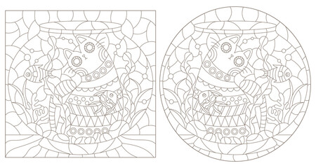 Fototapeta premium A set of contour illustrations in the style of a stained glass window with cats and an aquarium , dark contours on a white background