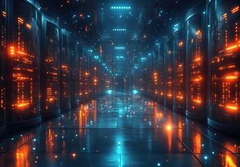 A futuristic data center with glowing servers and reflective floors.