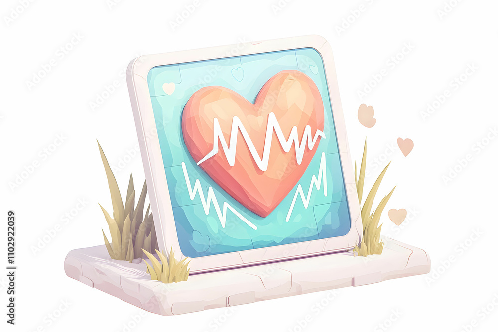 Poster heart shape icon with heartbeat line in a soft color palette for health and wellness themes in digit